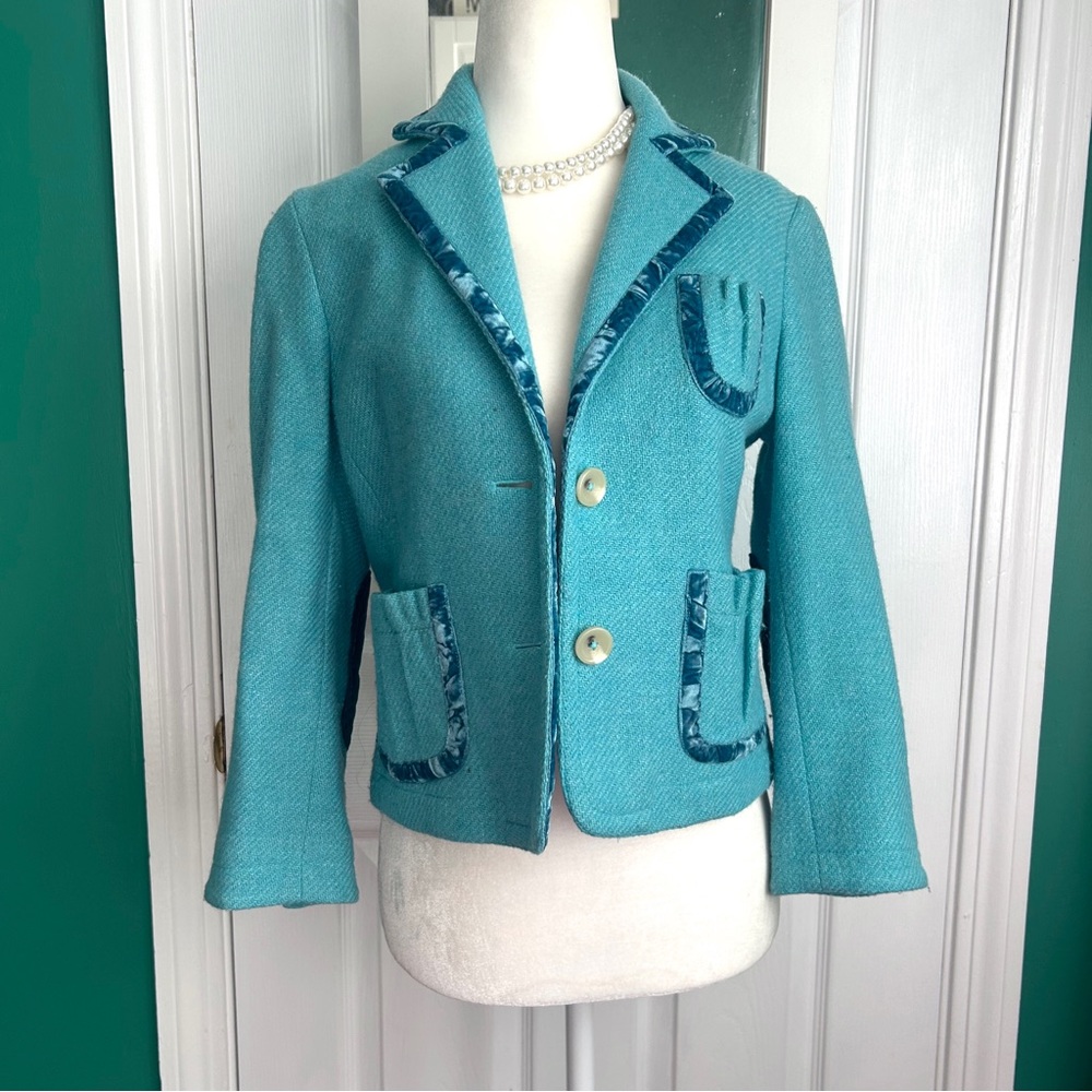 Banana Republic Aqua Tweed Blazer with Crushed Velvet Trim 4